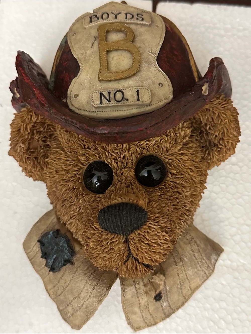 Vintage Resin 1998 Boyds Bear Firefighter Head - NIB Brown & Red    7.5” H
